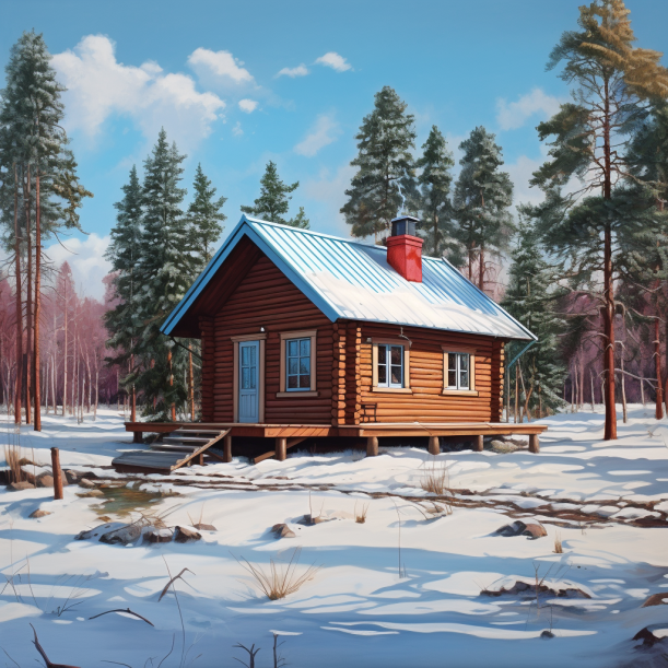 A small wooden cabin in the woods with a red roof and chimney