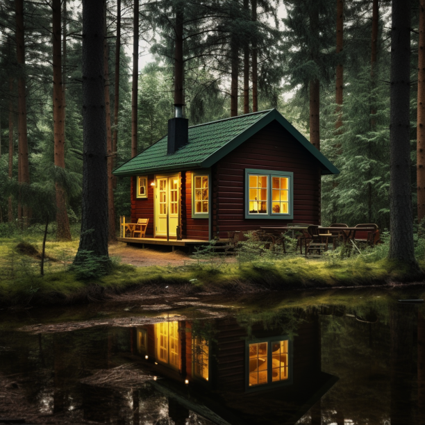 A wooden cabin by a pond in the woods